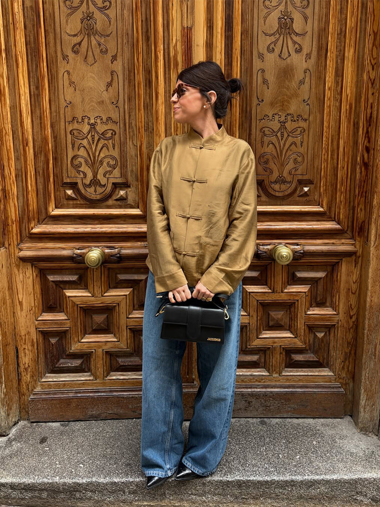 Women's Chinese-inspired tunic shirt with stand collar, knot closures & crinkle texture EVA-US