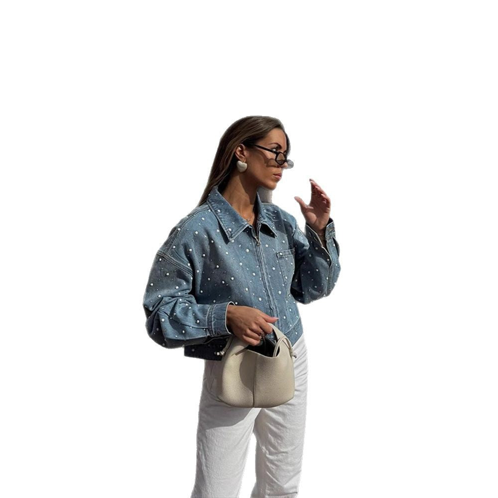 Women's Cropped Denim Jacket with Bead Detailing and Oversized Sleeves EVA-US