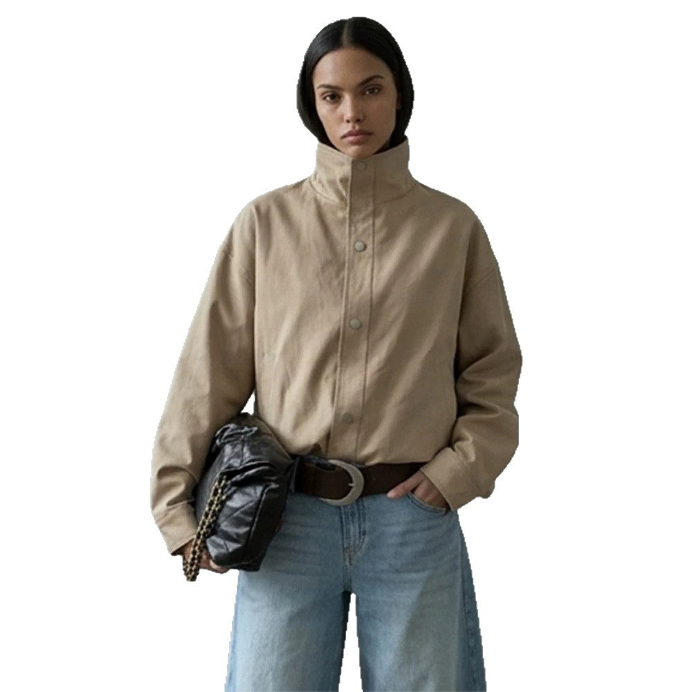 Women Short Boxy Canvas Jacket with High Stand-Up Collar and Snap Button Placket EVA-US