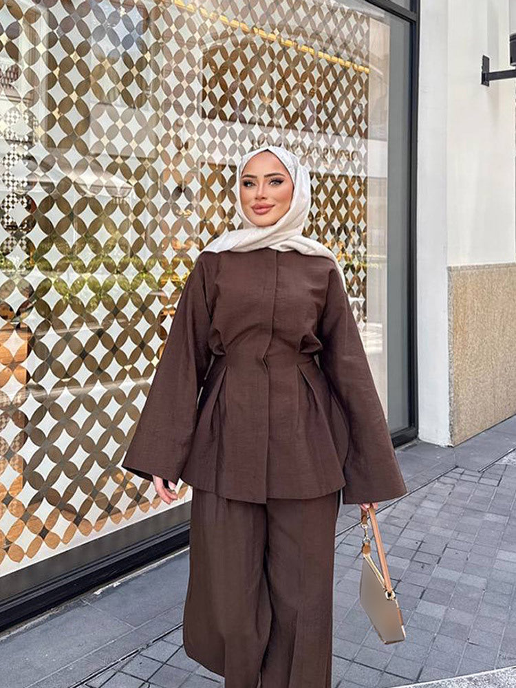 Ladies two-piece linen set with tailored pleat, wide leg and zip jacket EVA-US