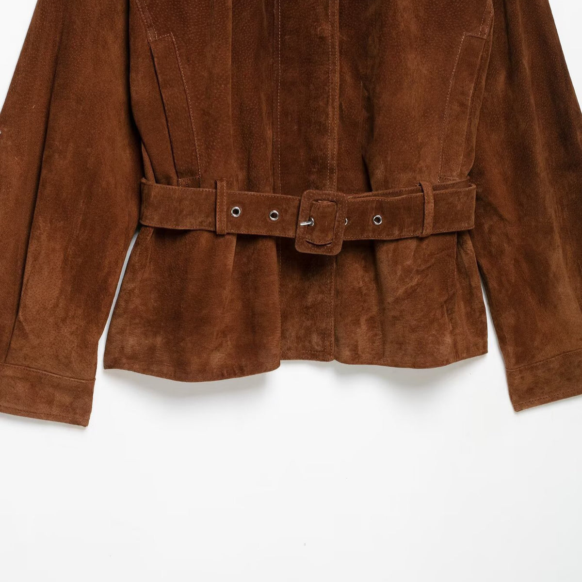 Women’s waist-hugging suede leather trench coat with stand-up collar and wide tie belt EVA-US