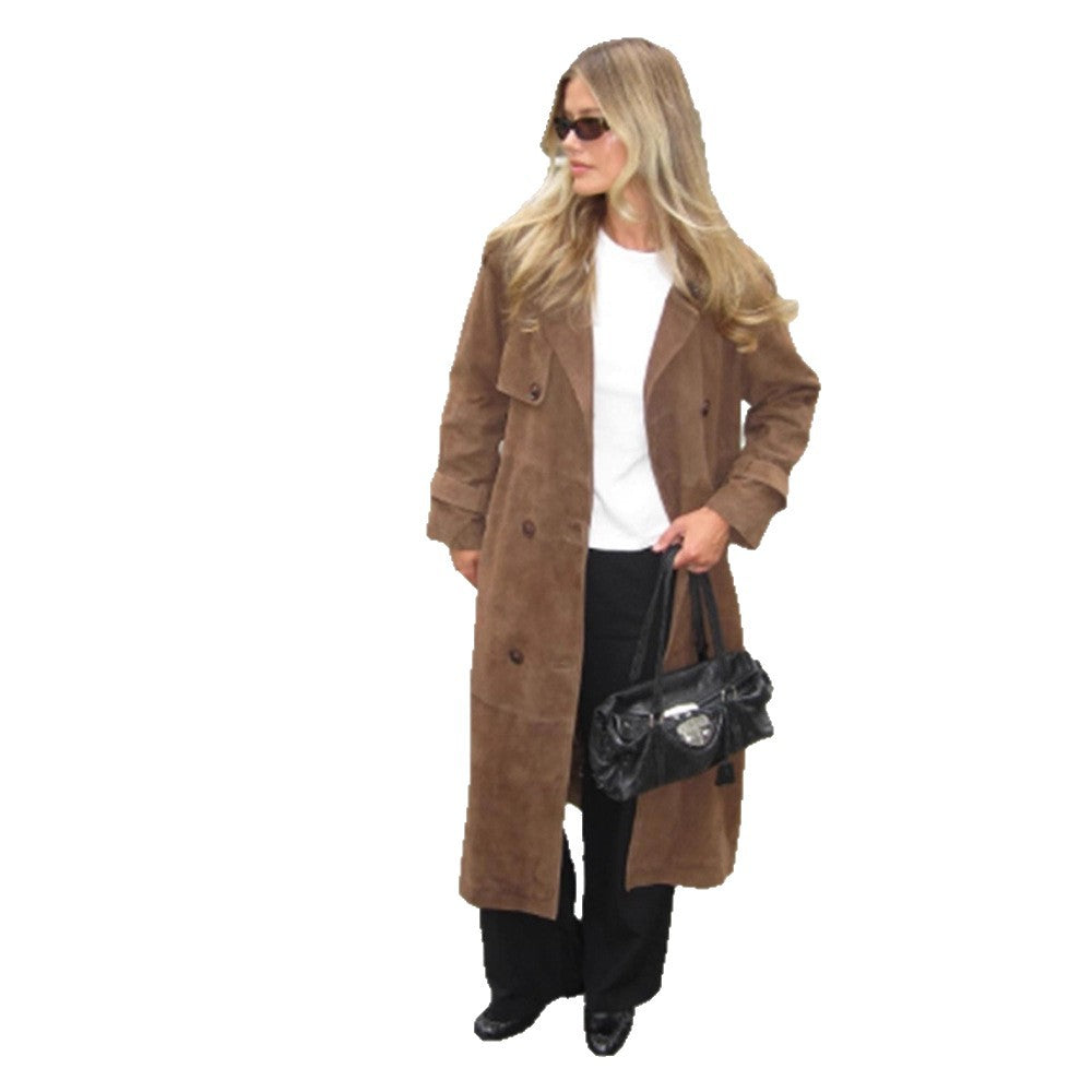 Women's Long Suede Trench Coat with Double-Breasted Buttons EVA-US