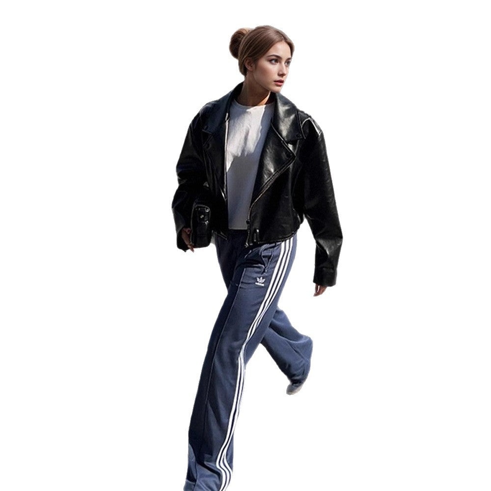 Women's Cropped Boxy Biker Jacket made of Faux Leather with Distinctive Shoulder Area and Boxy Silhouette EVA-US