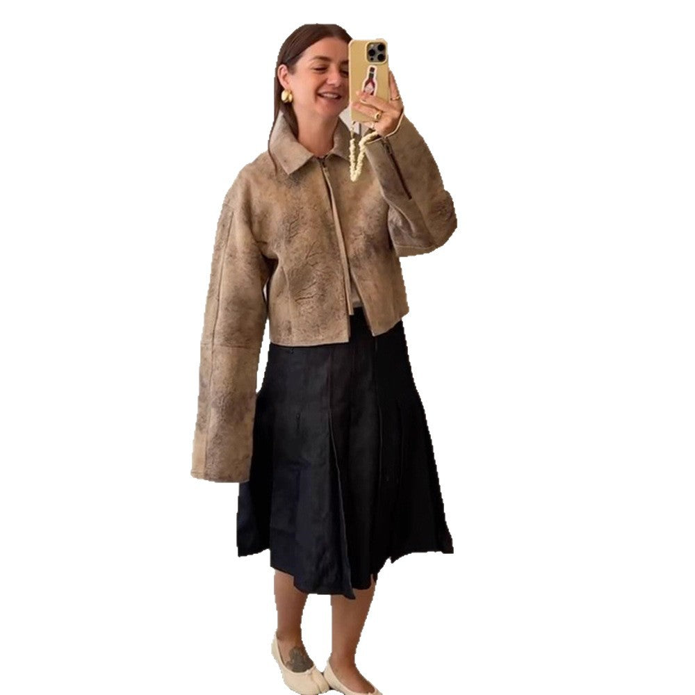 Women's short cut suede jacket in used look with extra long sleeves and two-way zipper EVA-US