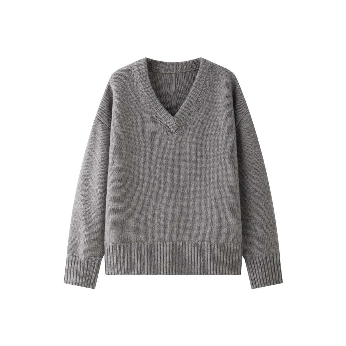 Women's Chunky Knit V-Neck Sweater with Oversized Cut and Wide Ribbed Hem