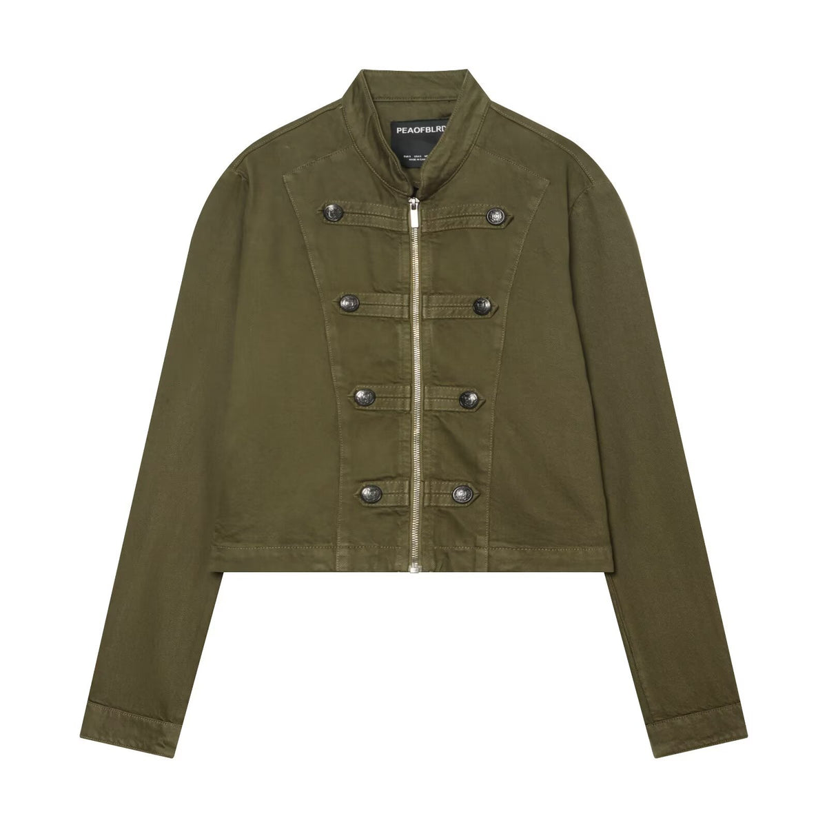 Women's Short Military-inspired Jacket with Stand Collar, Decorative Button Plackets and Full Zip EVA-US