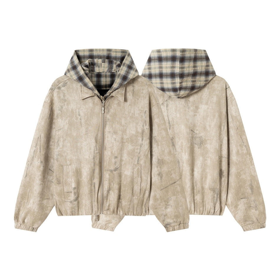 Unisex Short Cut Boxy Jacket in Suede Look with Checked Lined Hood EVA-US
