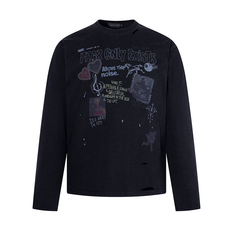 Men's long sleeve shirt with print collage, distressed details and relaxed fit EVA-US