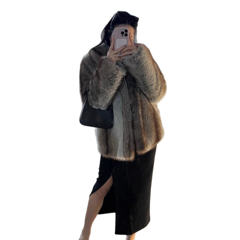 Women Short Fur Coat in Boxy Cut with Striped Faux Fur Look EVA-US