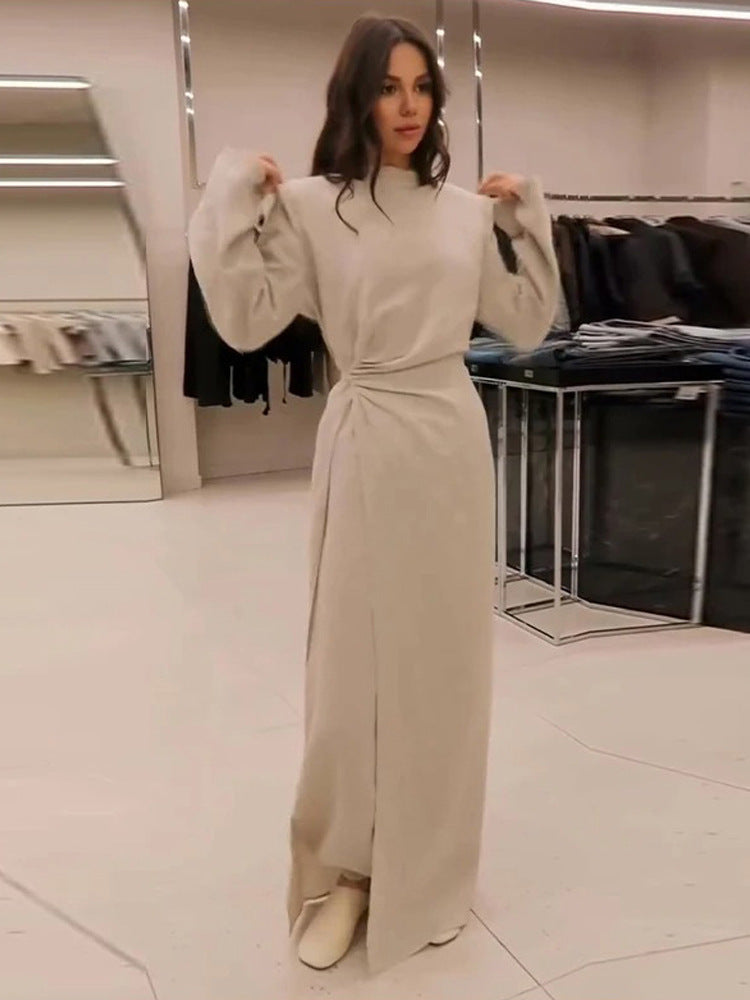 Women's maxidress with tailored silhouette, flared skirt and prominent shoulders EVA-US