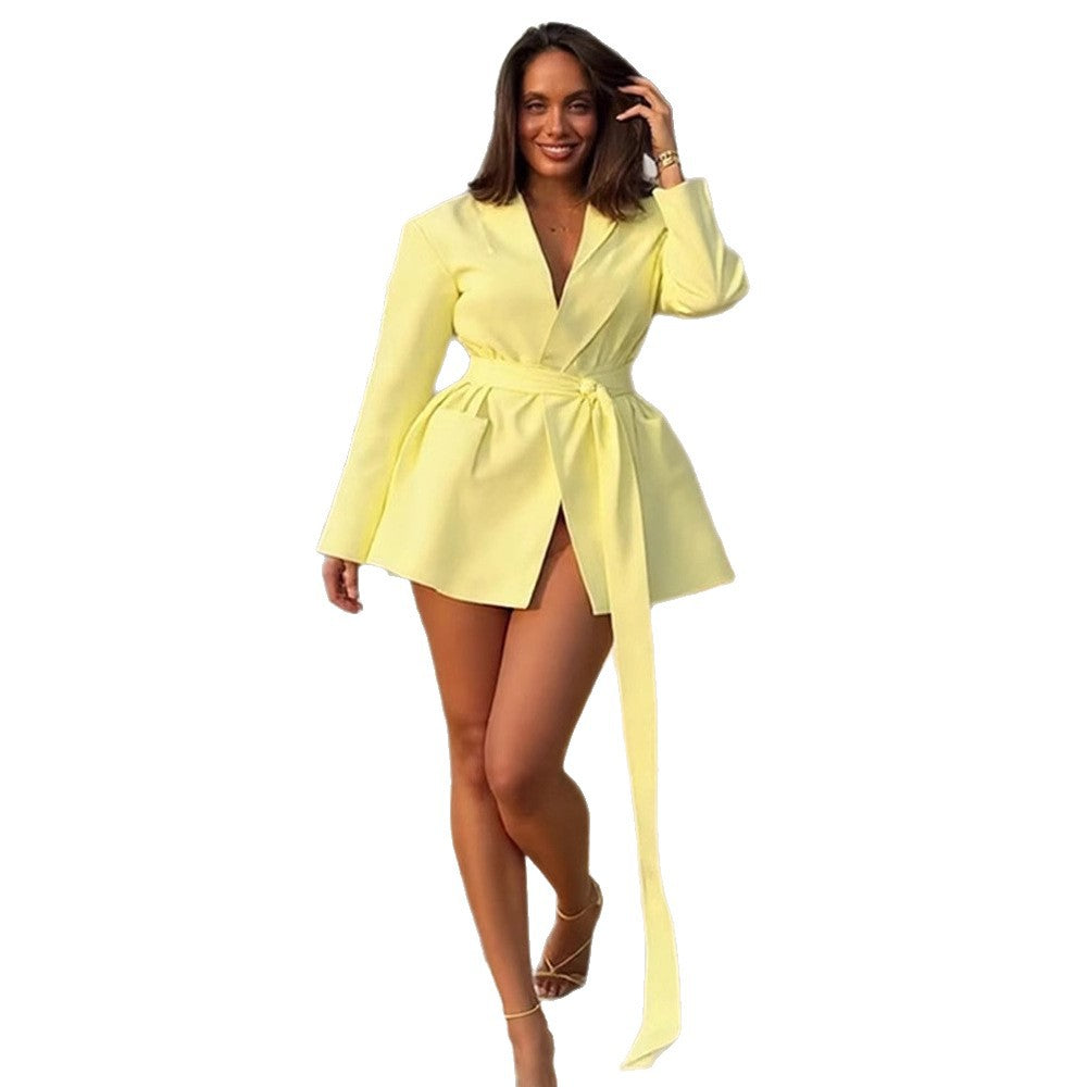 Women's Tailored Blazer Dress with Draped Tie Belt and Structured Shoulders EVA-US