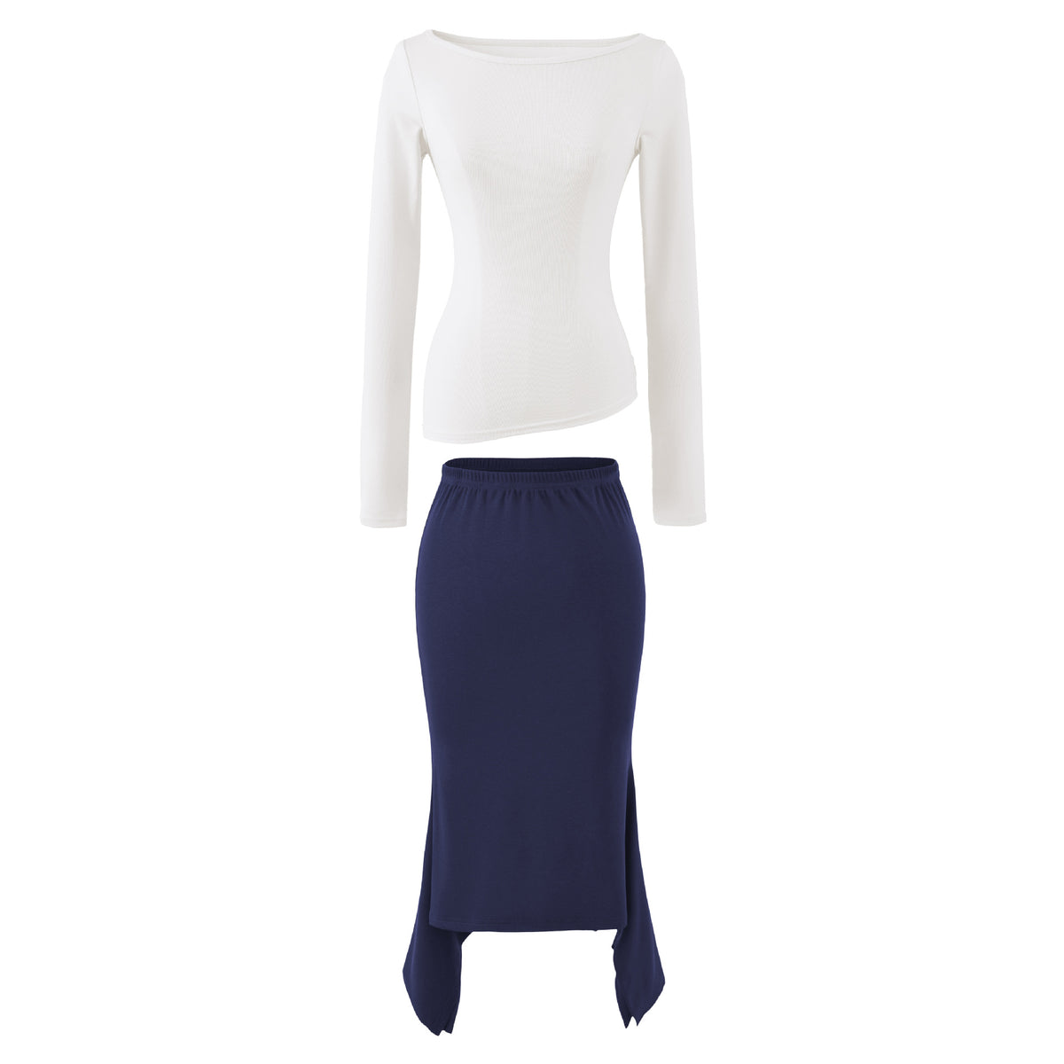 Women's Two-Piece Set with Fitted Long Sleeve Top and Maxi Skirt with Slit EVA-US
