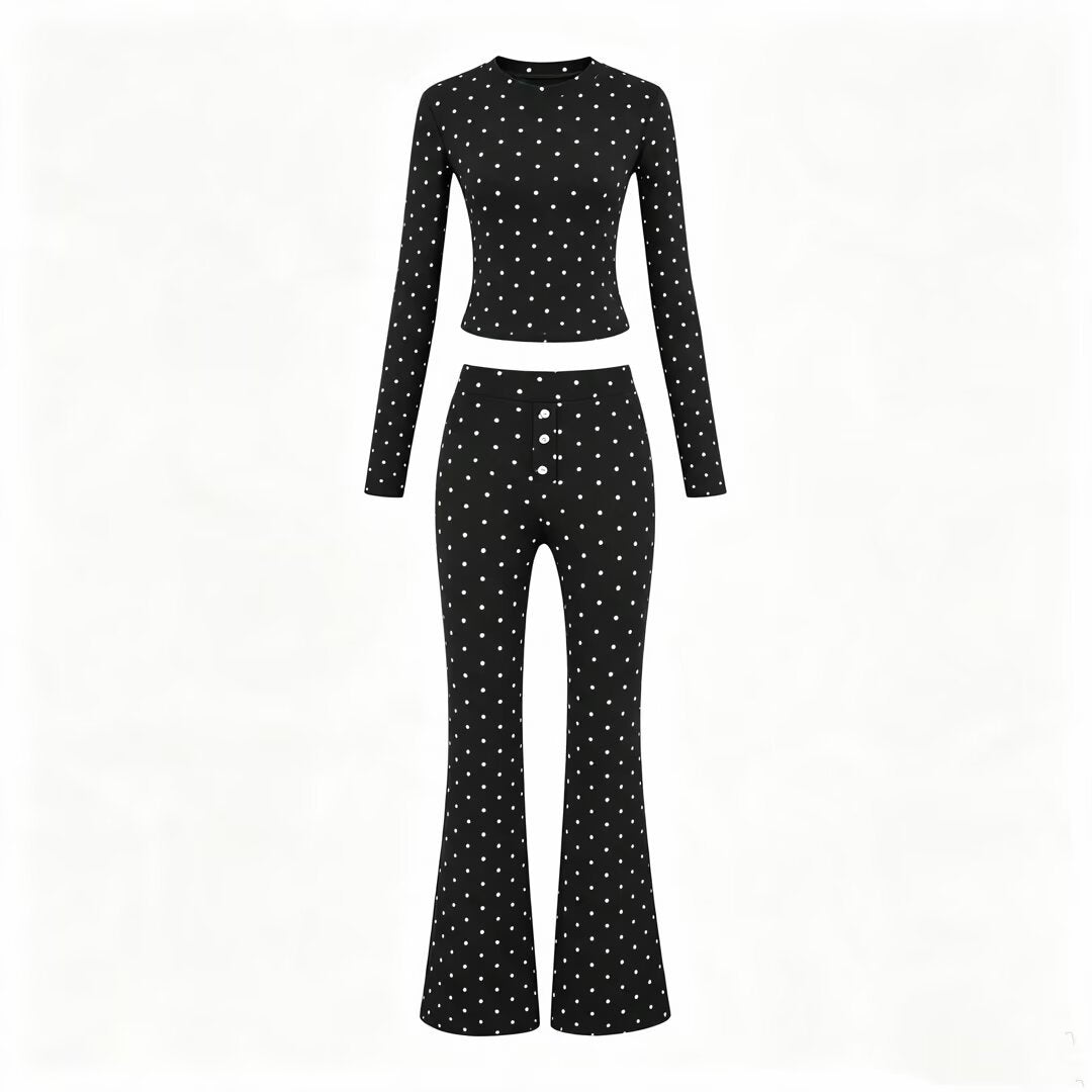 Women Two-Piece Stretch Jersey Lounge Set with Cropped Long Sleeve and High-Waist Flared Pants EVA-US