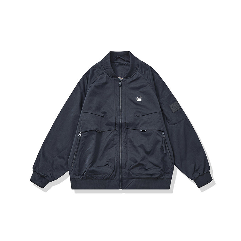 Unisex Short Cut Boxy Bomber Jacket in Utility Look with Front Zip, Flap Pockets and Ribbed Cuffs EVA-US