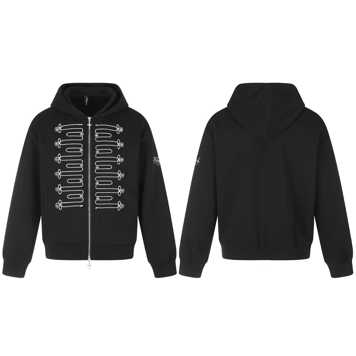 Unisex Hooded Zip Jacket in Military Style with Decorative Cord Application and Cross Zipper EVA-US