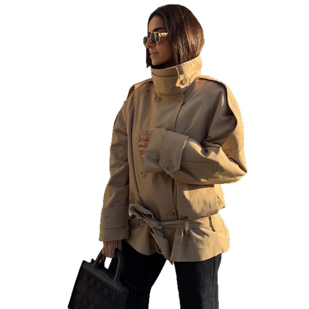 Women Short Trench with High Stand Collar, Double-Breasted Button Placket & Waist Belt EVA-US