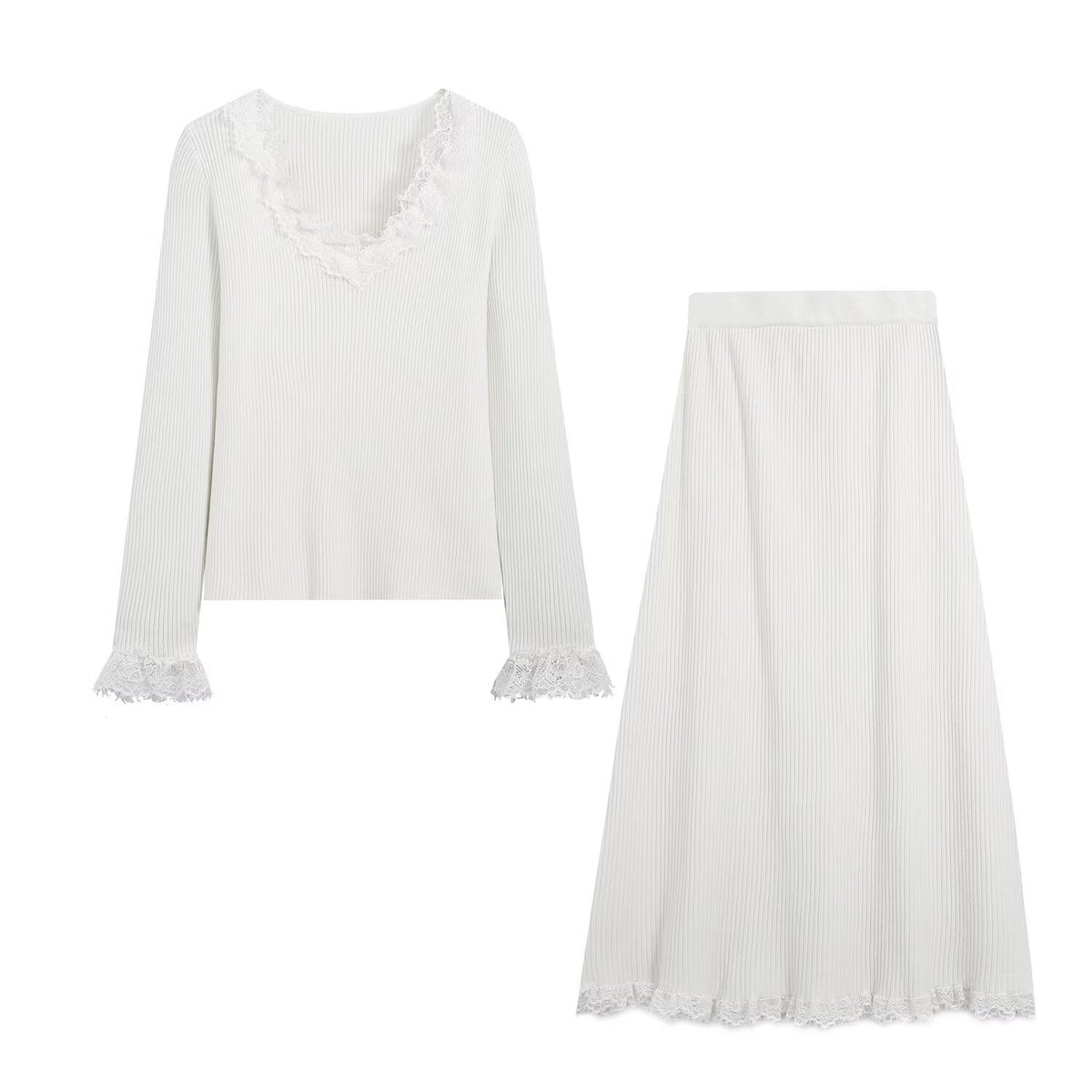Women Two-Piece Ribbed Knit Set with Lace Trim EVA-US