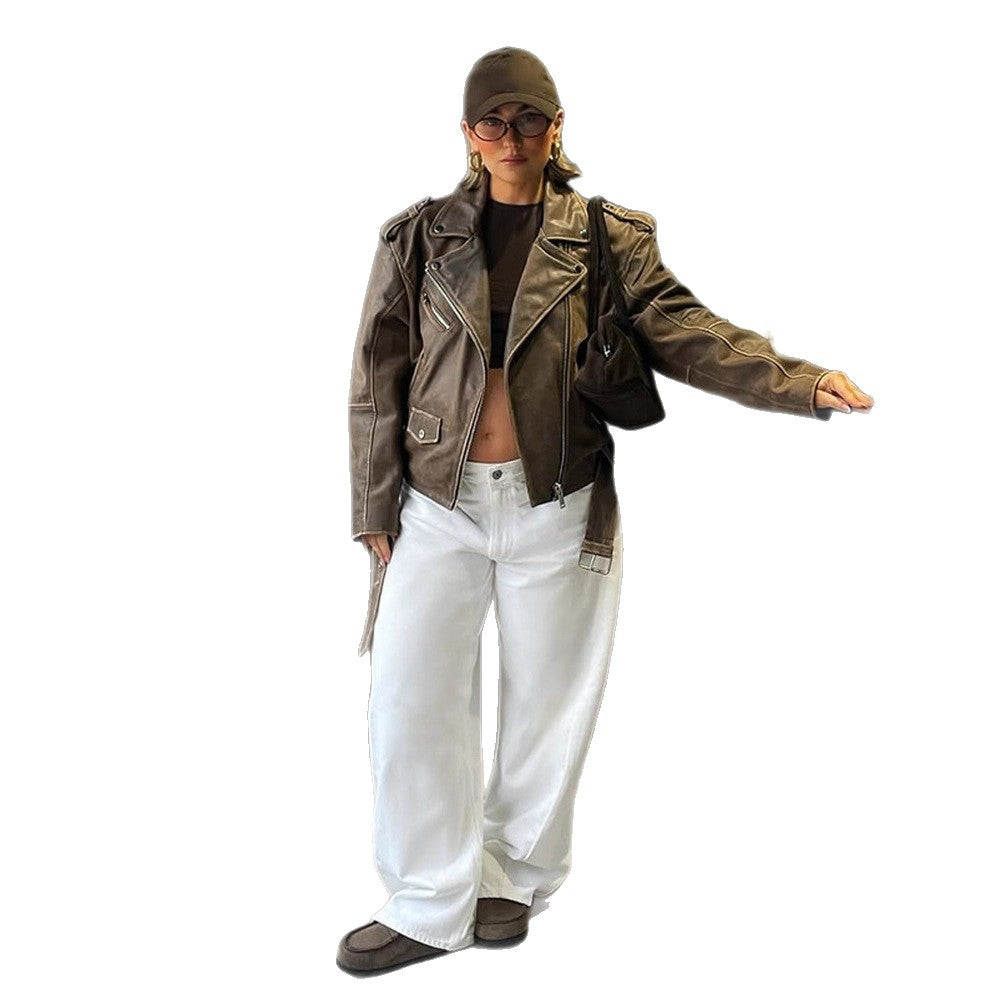 Women's Suede Leather Look Biker Jacket with Shoulder Flaps and Asymmetrical Zipper EVA-US