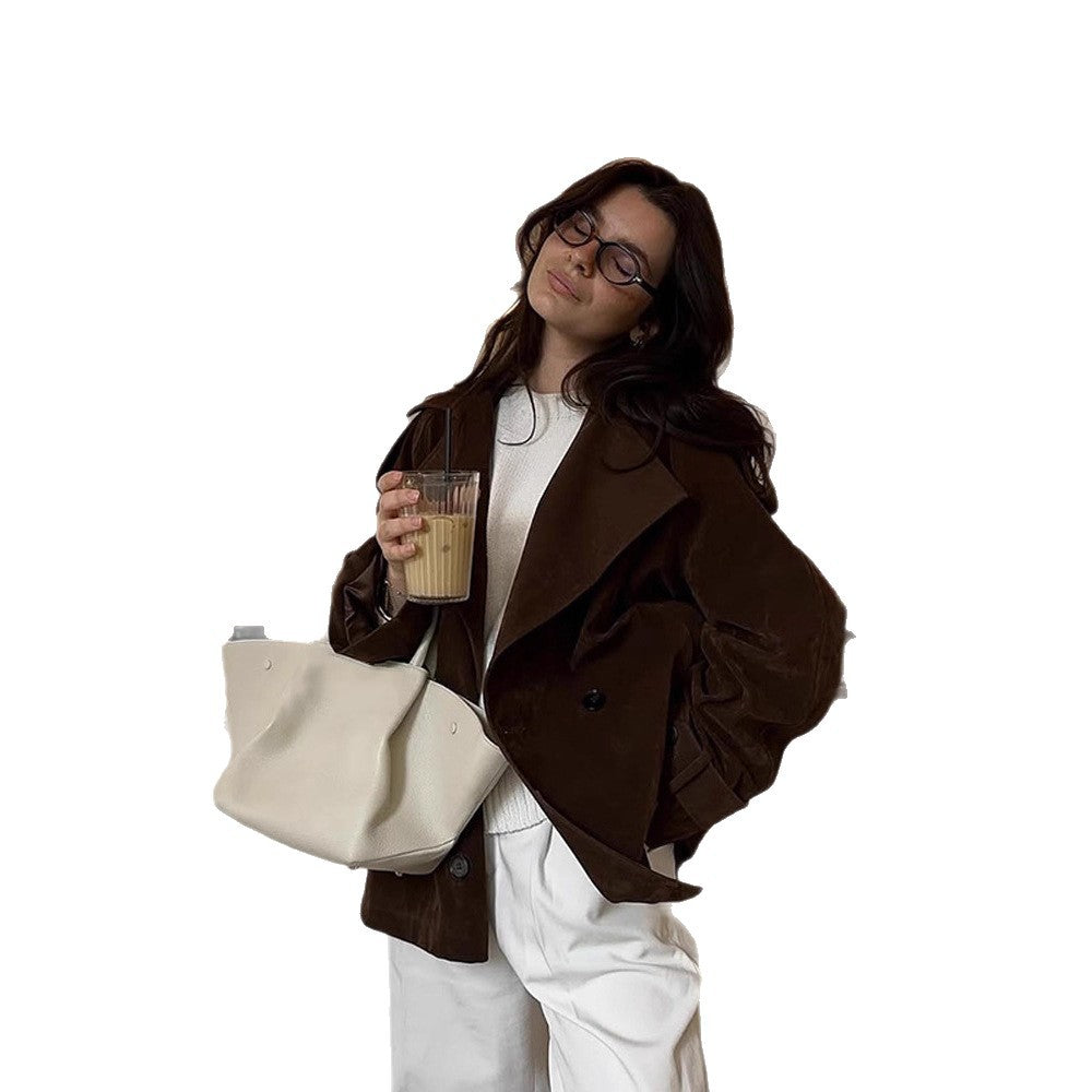 Women's short trench coat in suede look with wide lapels and boxy silhouette EVA-US