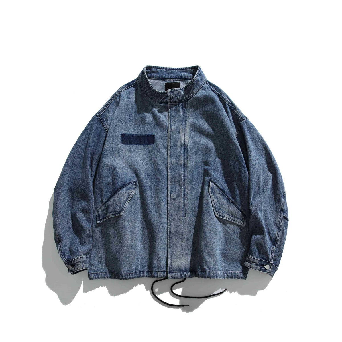 Unisex Short Cut Denim Utility Blouson with Stand Collar and Drawstring EVA-US