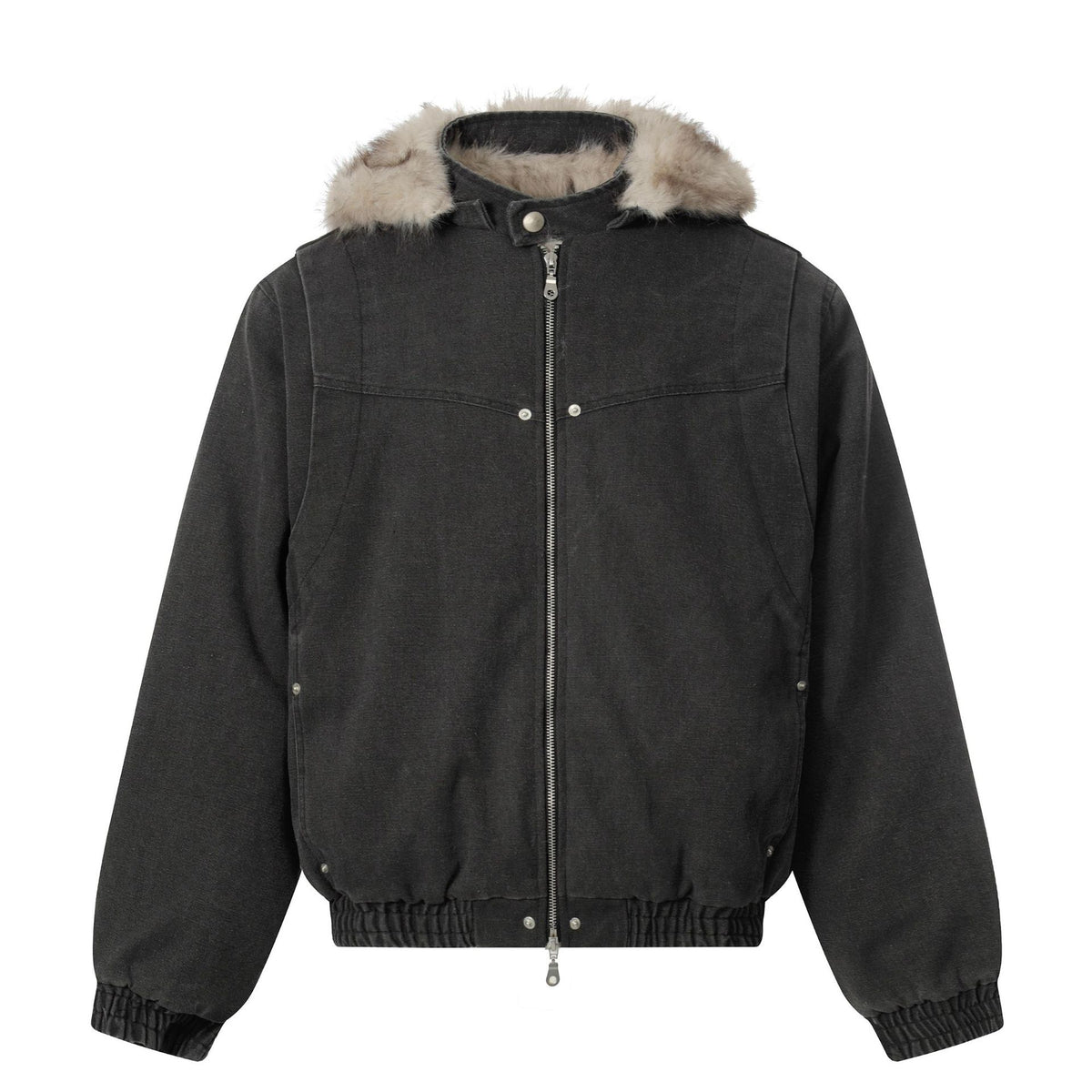 Men's canvas bomber jacket with removable faux fur hood and elastic hem EVA-US