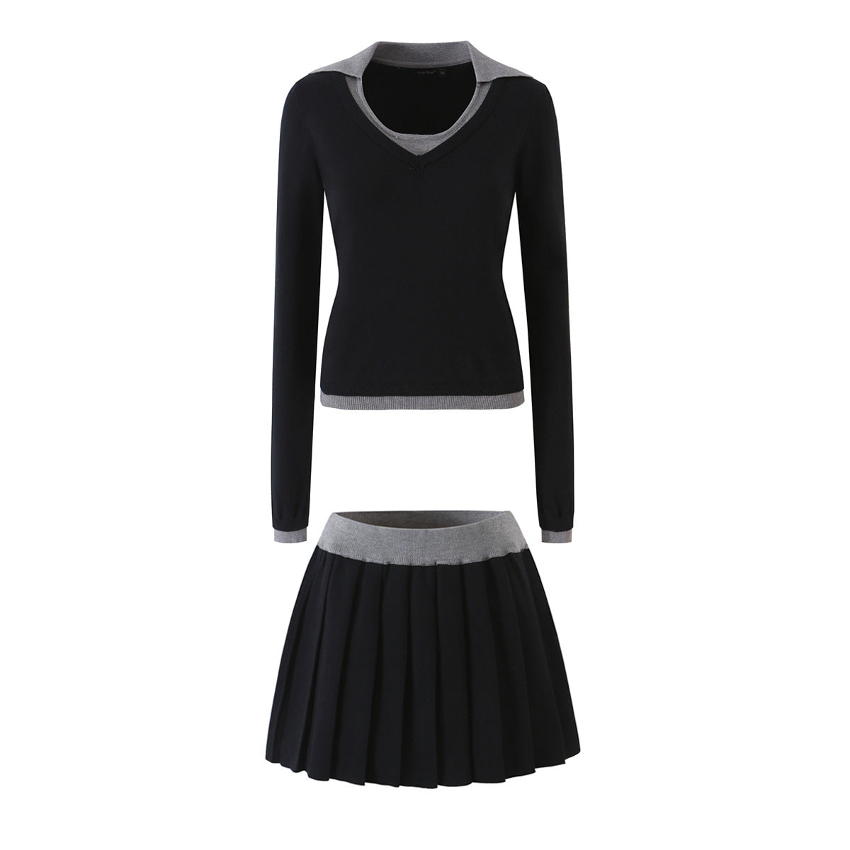 Women’s Two-Piece Fine Knit Set with V-Neck, Contrasting Collar and Pleated Mini Skirt EVA-US