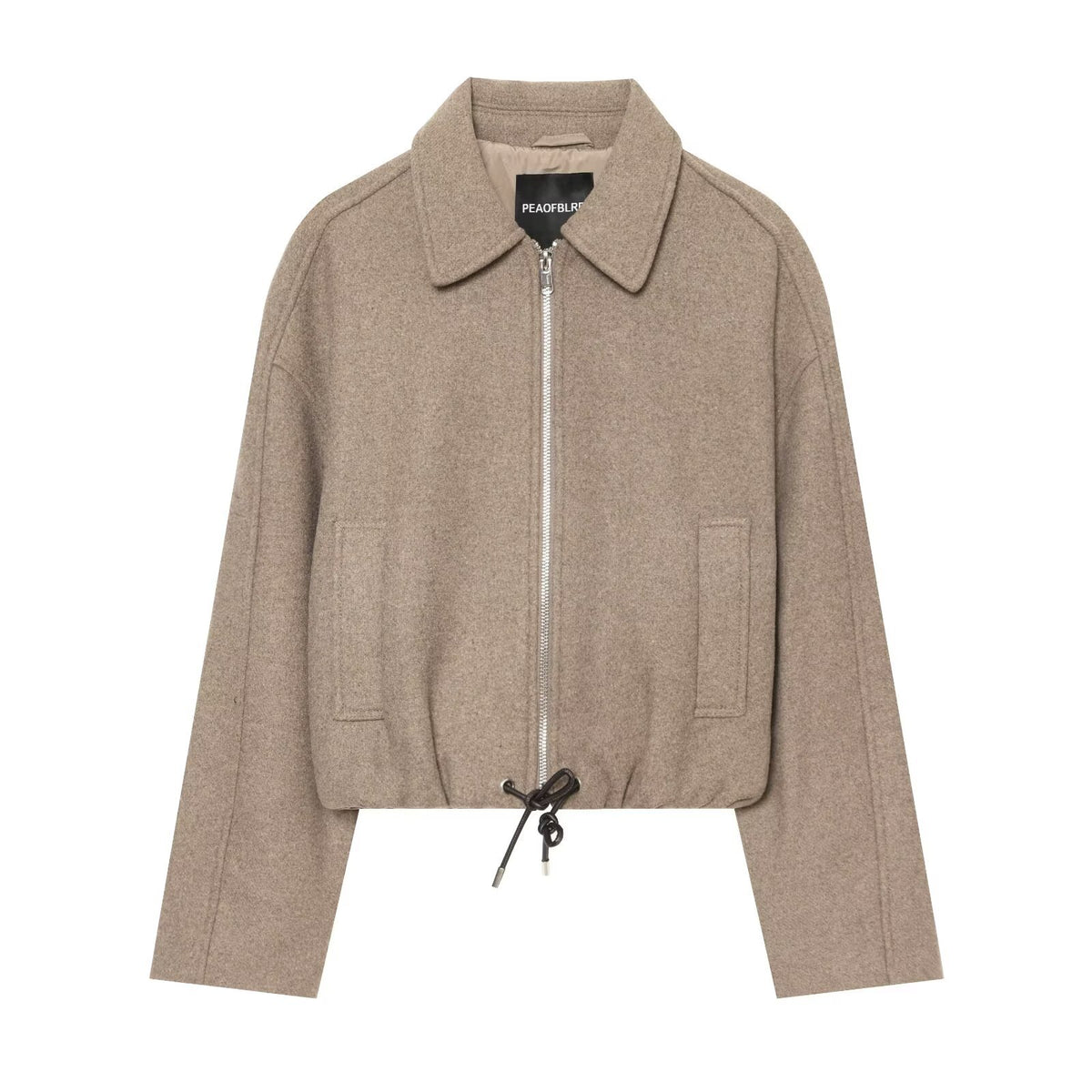 Women's short wool blend jacket with front zipper and drawstring hem EVA-US