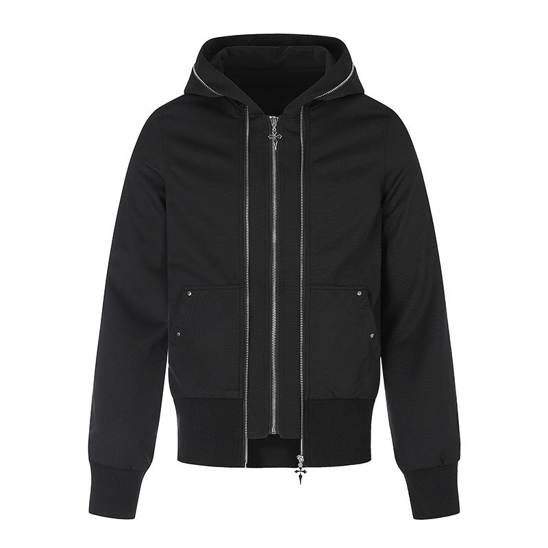 Women’s hooded sweatshirt jacket with high standing collar, contrasting decorative seams and full-length zip EVA-US
