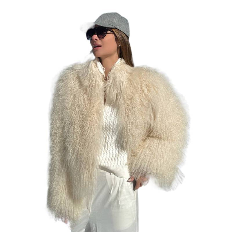 Women's Cozy Short Jacket in Lambskin Look with Curly Long Pile Structure EVA-US