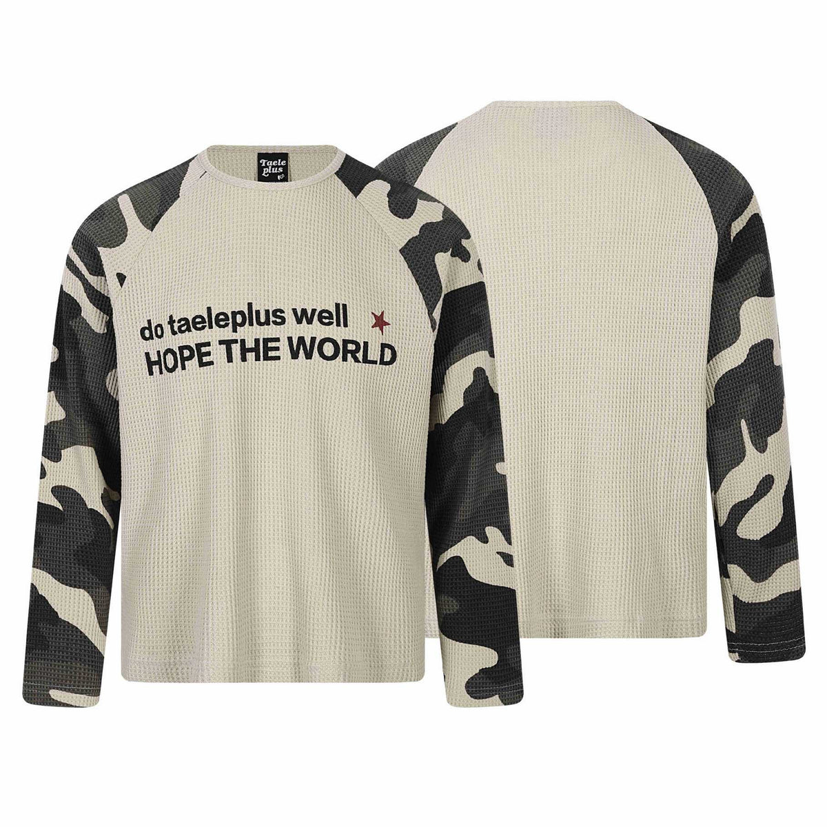 Unisex Waffle Knit Long Sleeve Shirt with Raglan Sleeves and Camouflage Details EVA-US
