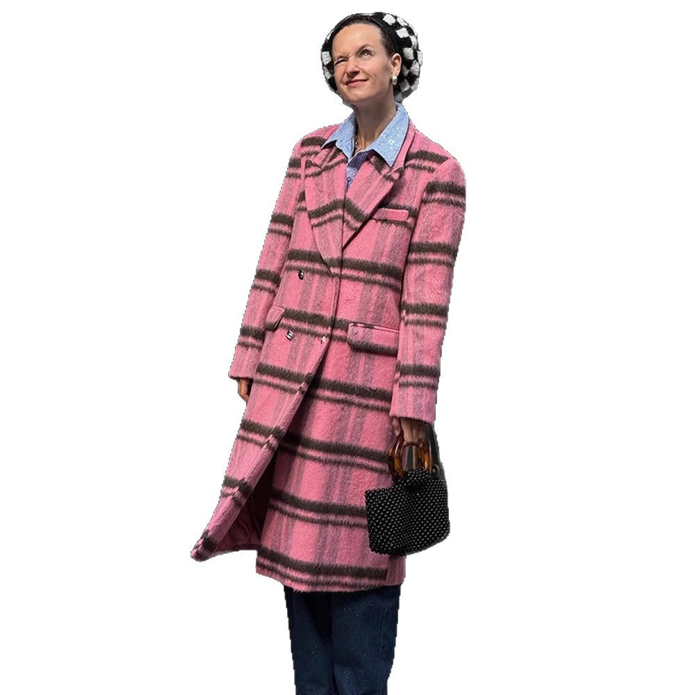 Women Mid-length checked wool blend coat with double-breasted button placket and shawl collar EVA-US