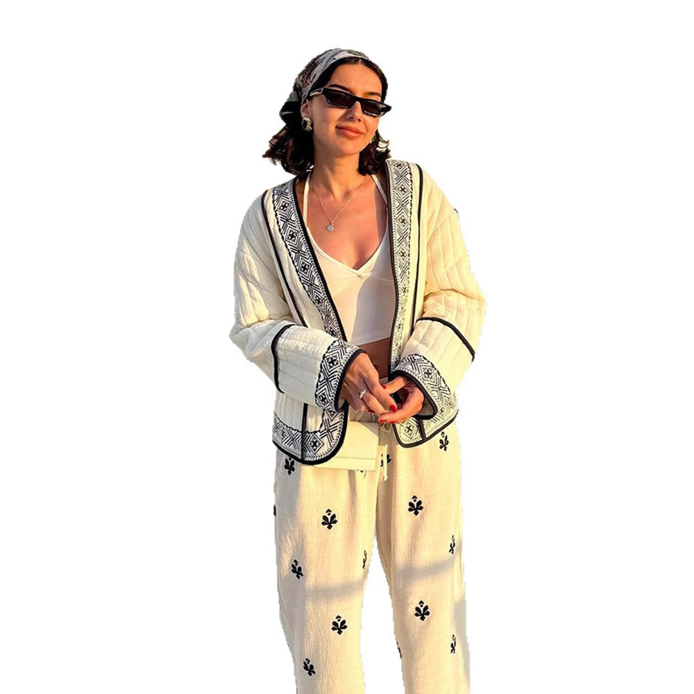 Women Quilted Kimono Cardigan with Geometric Embroidery EVA-US