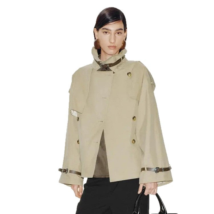 Women Short Boxy Trench Coat with Wide Lapels, Shoulder Straps and Adjustable Cuffs EVA-US