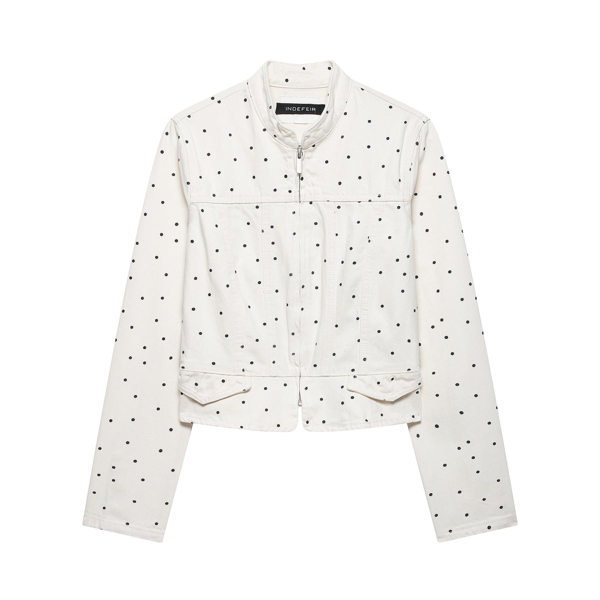 Women's Polka Dot Cropped Denim Jacket with Stand-up Collar, Zipper and Flap Pockets EVA-US