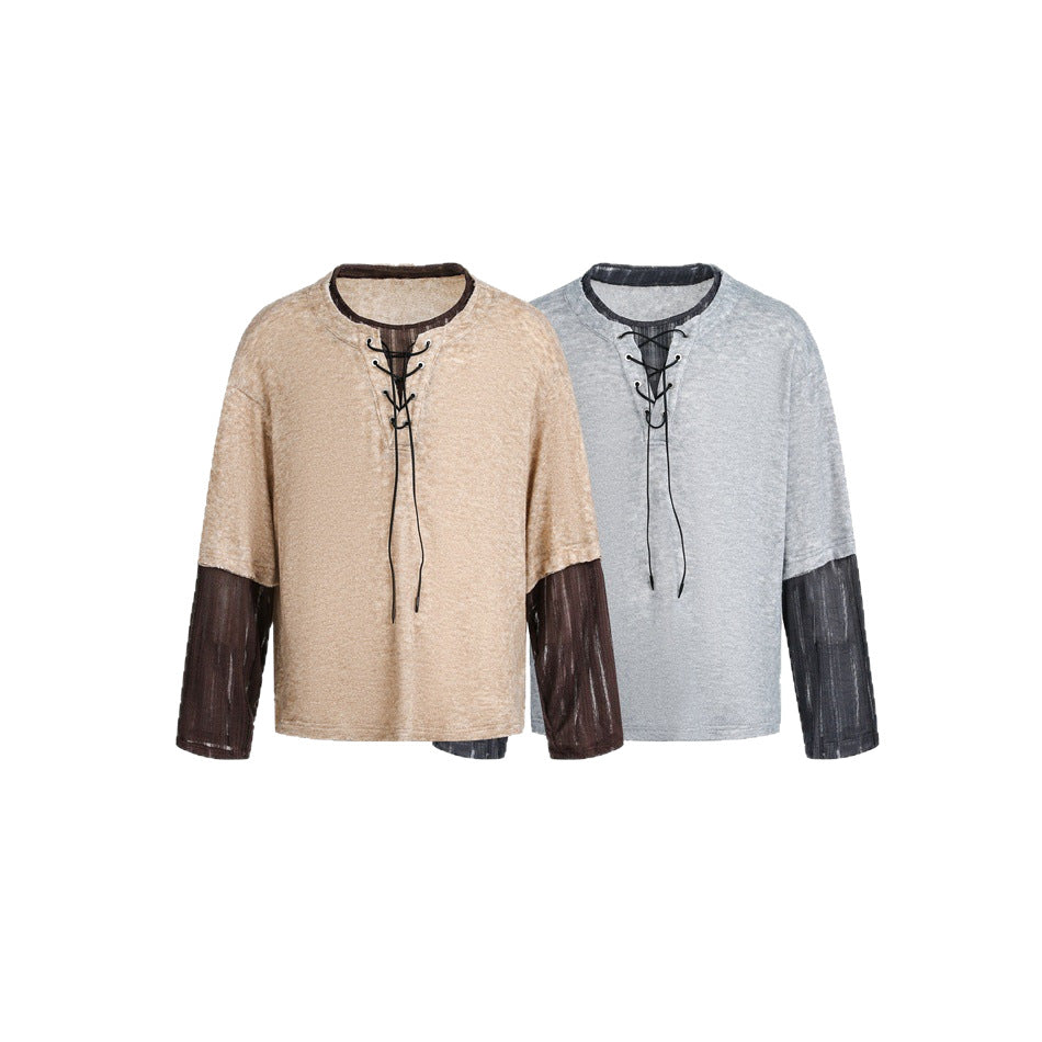 Women's Velvety Long Sleeve with Lacing Detail and Sheer Sleeve Inserts EVA-US