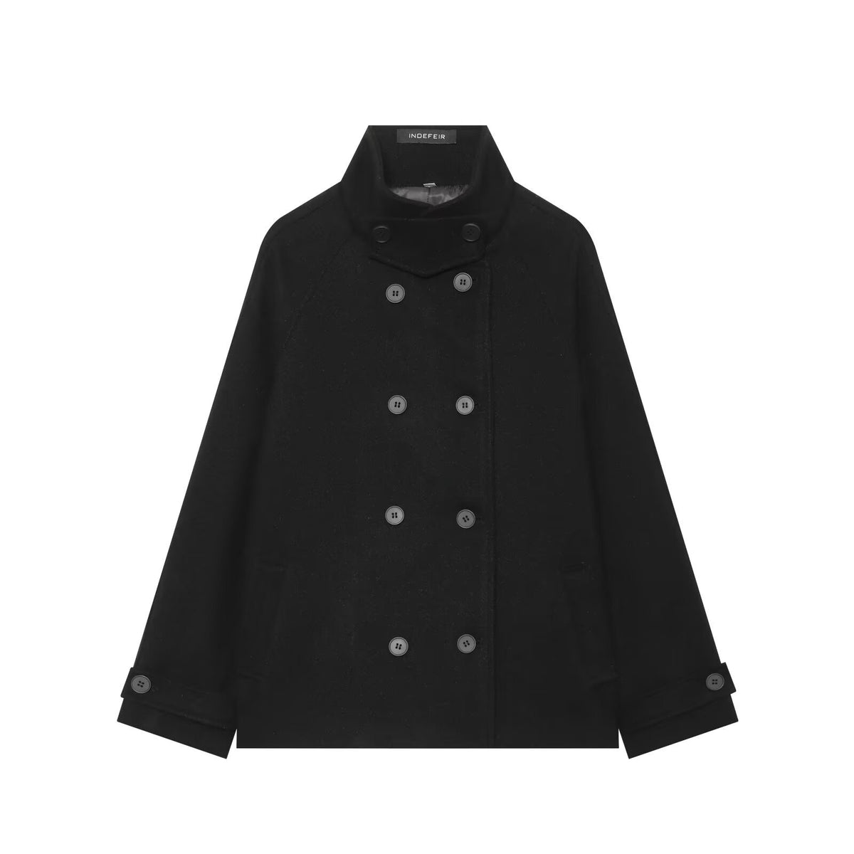 Women's Short Double-Breasted Wool Blend Cape Coat with High Stand Collar EVA-US