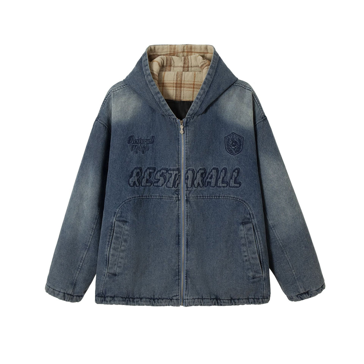 Men's Washed-Denim Hoodie in Oversized Look with Checked Lined Hood EVA-US