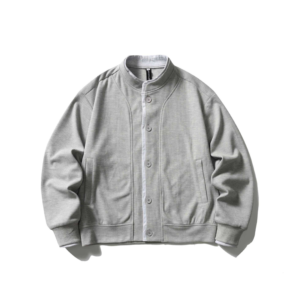 Unisex Short Cut Boxy Blouson Jacket with Waffle Structure, Stand-Up Collar and Contrast Piping EVA-US