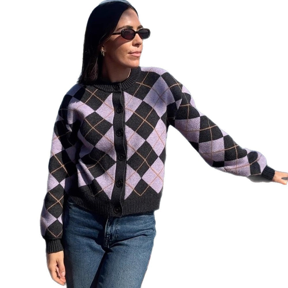 Women's argyle cardigan with boxy silhouette and large button placket EVA-US