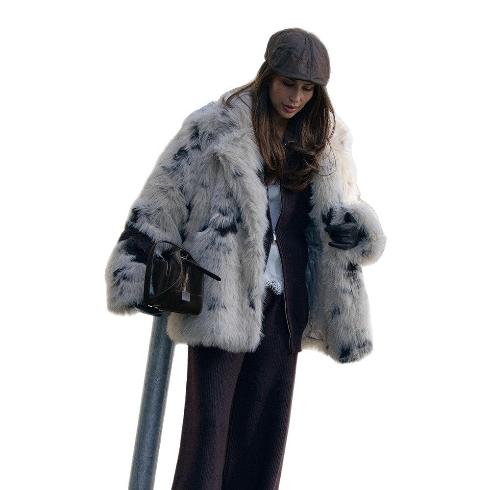 Ladies Flecked Faux Fur Coat in Oversized Cut with Voluminous Shawl Collar EVA-US