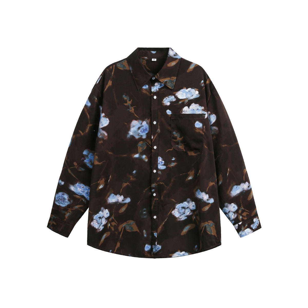 Women's Oversized Shirt Blouse with Floral Watercolor Print and Chest Pocket EVA-US