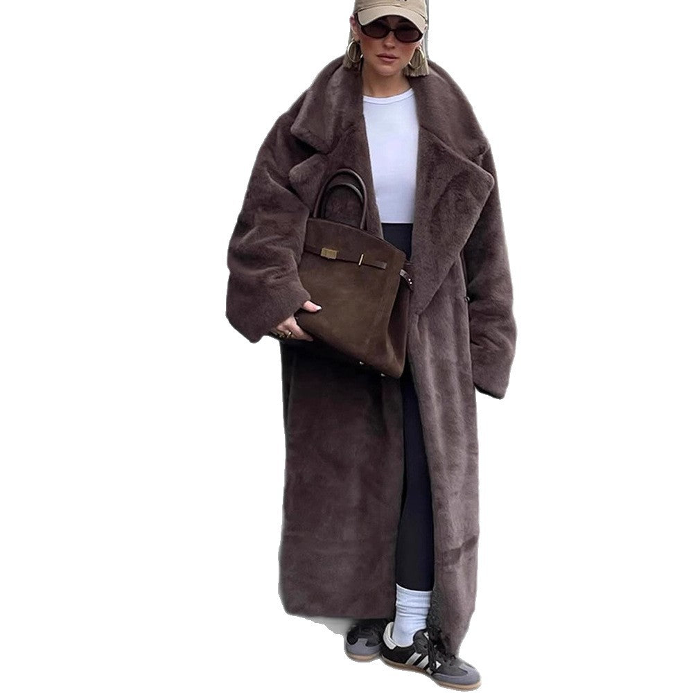 Women Oversize Faux Fur Maxi Coat with Wide Lapels