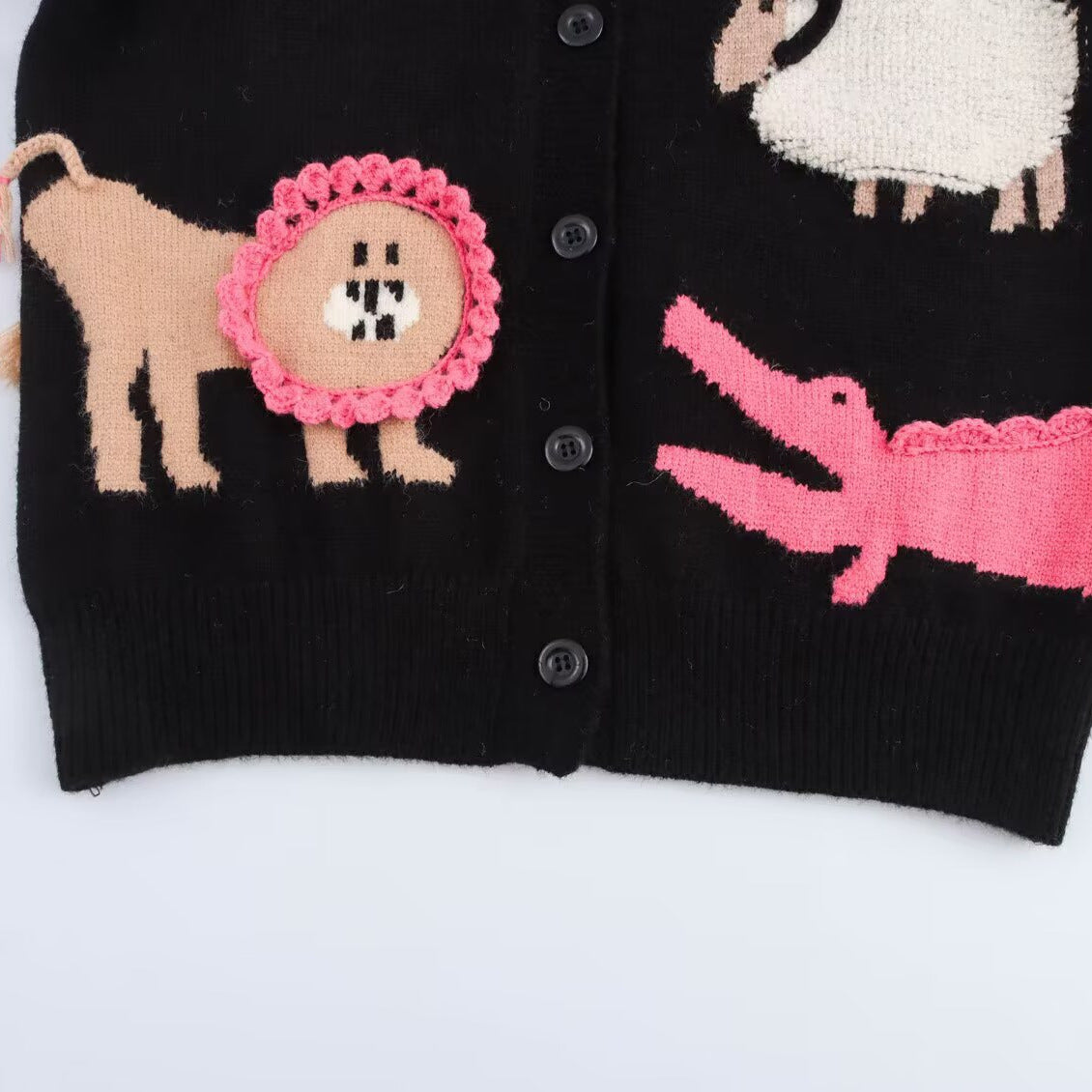 Ladies knit cardigan with playful animal intarsias and 3D applications EVA-US