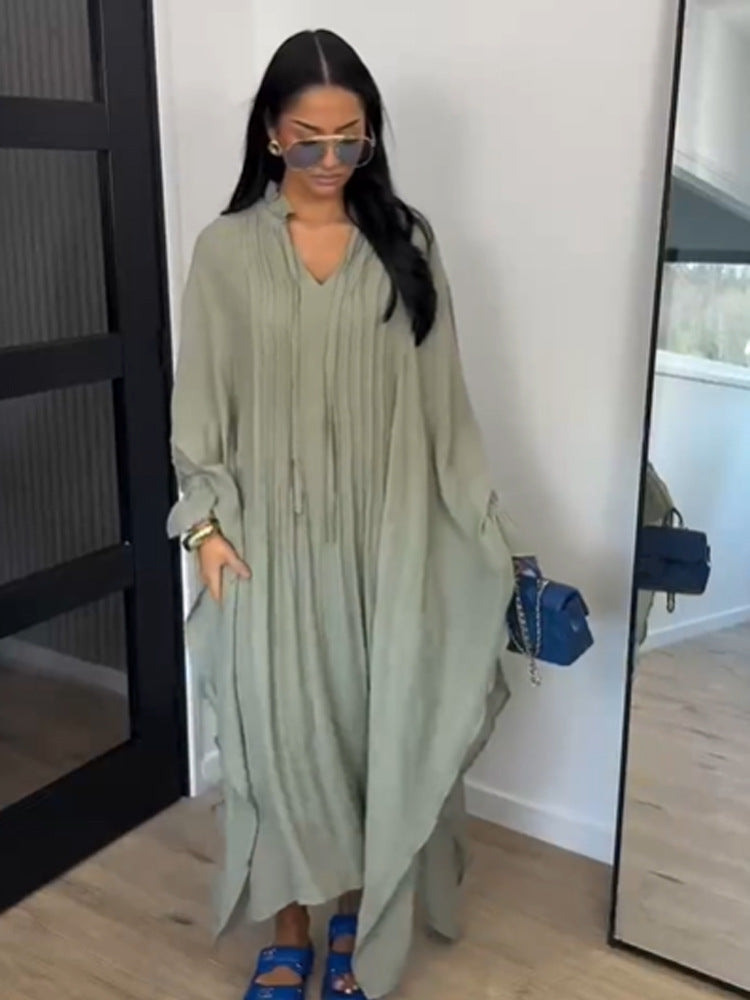 Women's maxi dress in kaftan style with ruffled collar, tie straps, and voluminous sleeves EVA-US