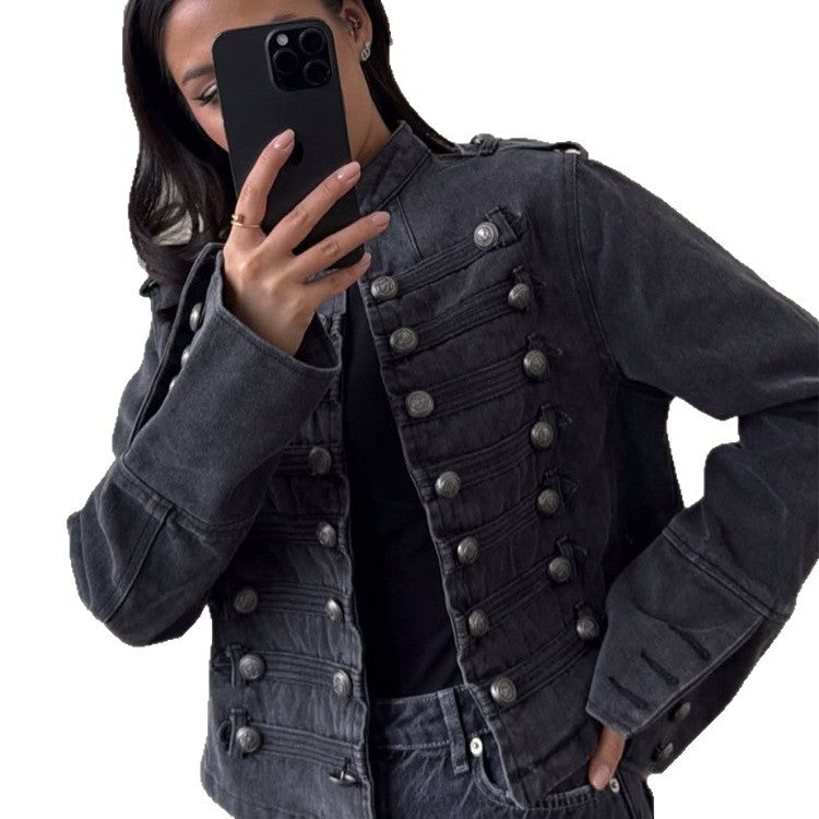 Women's Short Denim Jacket with Parade Trim and Decorative Button Placket EVA-US