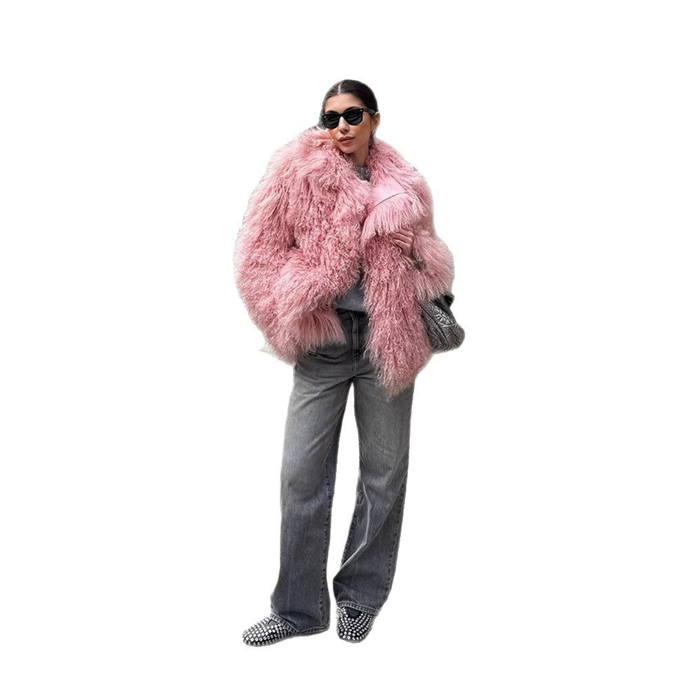Women Short Cut Shaggy Faux Fur Coat with voluminous Shawl Collar and Oversized Silhouette EVA-US