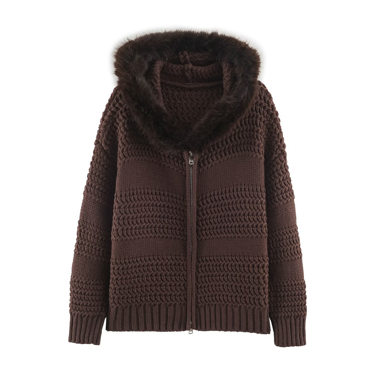 Women's chunky knit cardigan with zipper and faux fur hood EVA-US