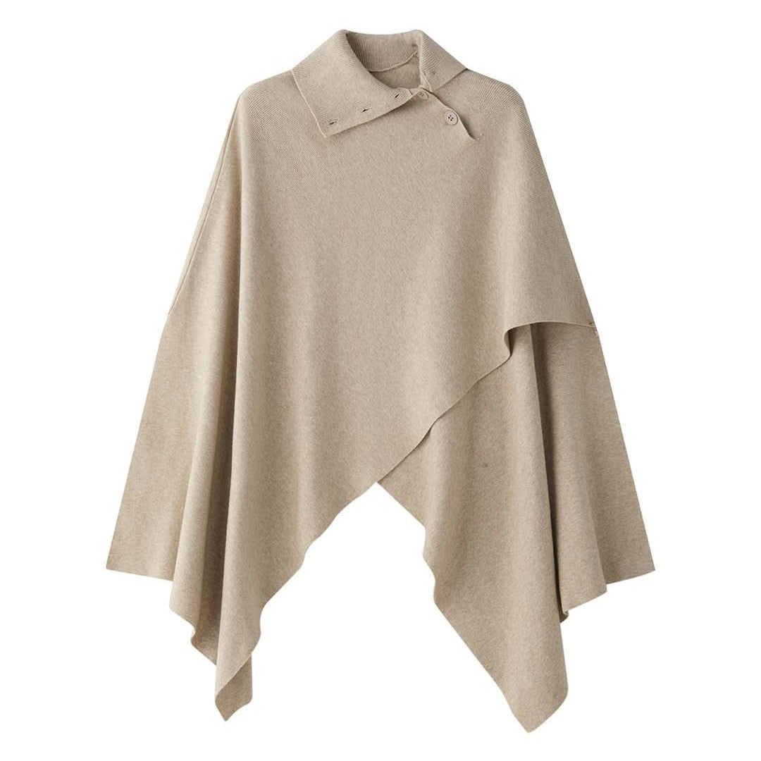 Women's Asymmetrical Knit Poncho with Button Collar and Oversized Silhouette EVA-US