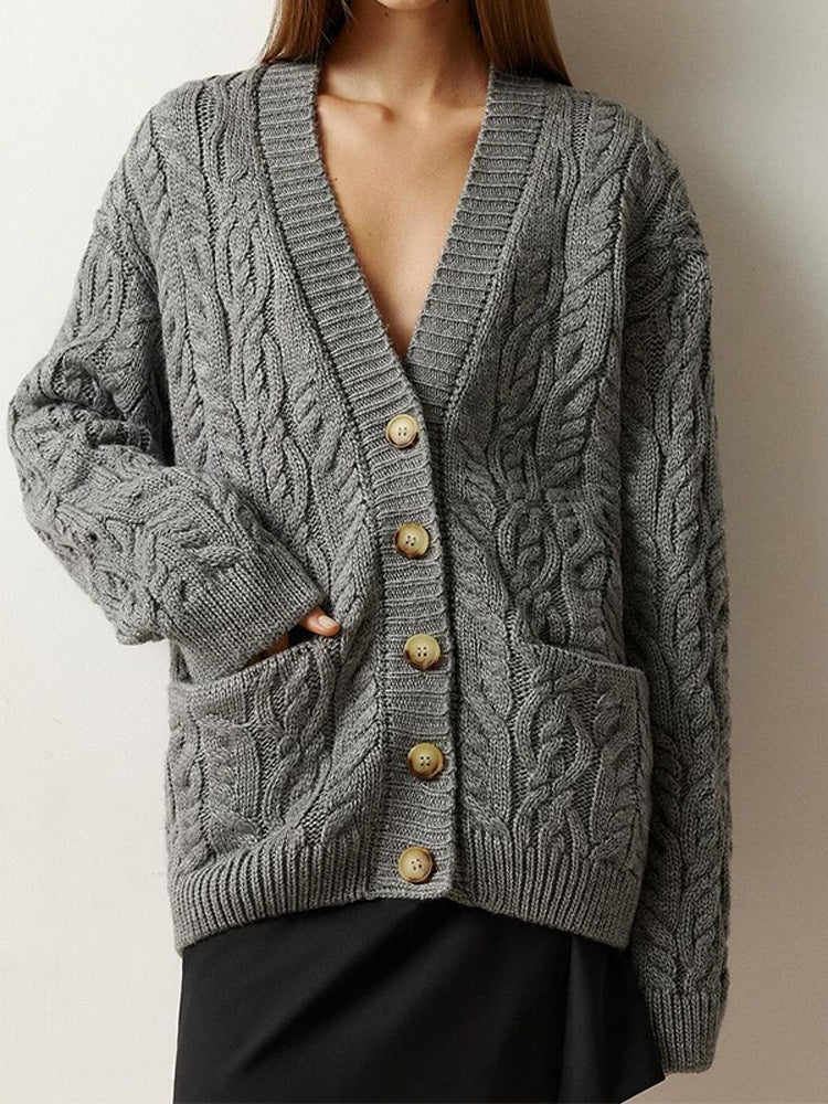 Women's Oversize Cable Knit Cardigan with V-Neck and Patch Pockets EVA-US
