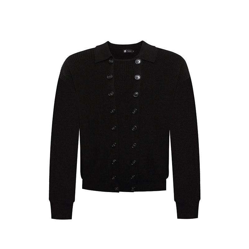 Men's Double-Breasted Knit Cardigan with Shirt Collar and Ribbed Cuffs EVA-US